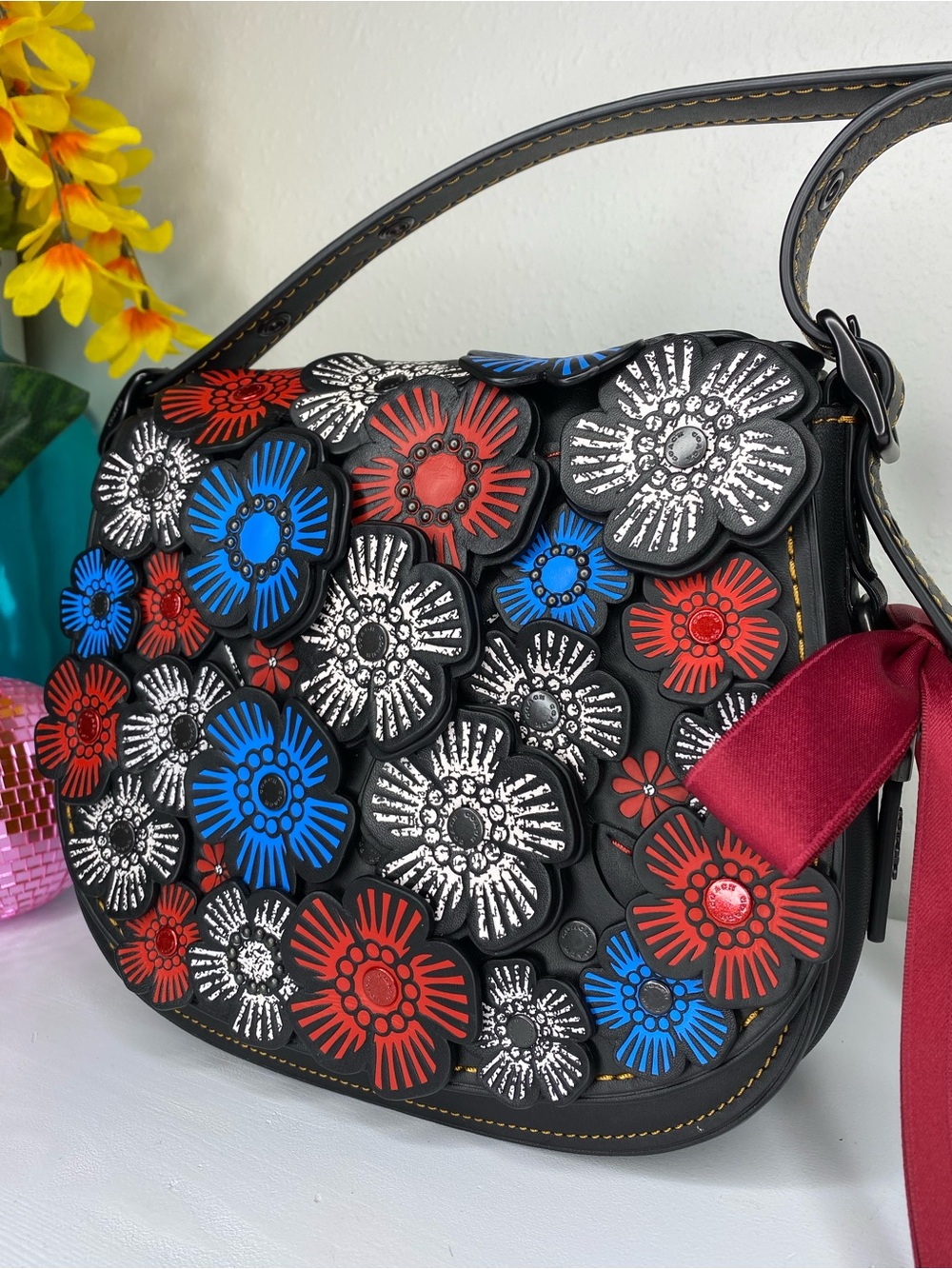 Coach 1941 Saddle 23 Black Crossbody Saddle Bag with Red, White & Blue Tea Roses